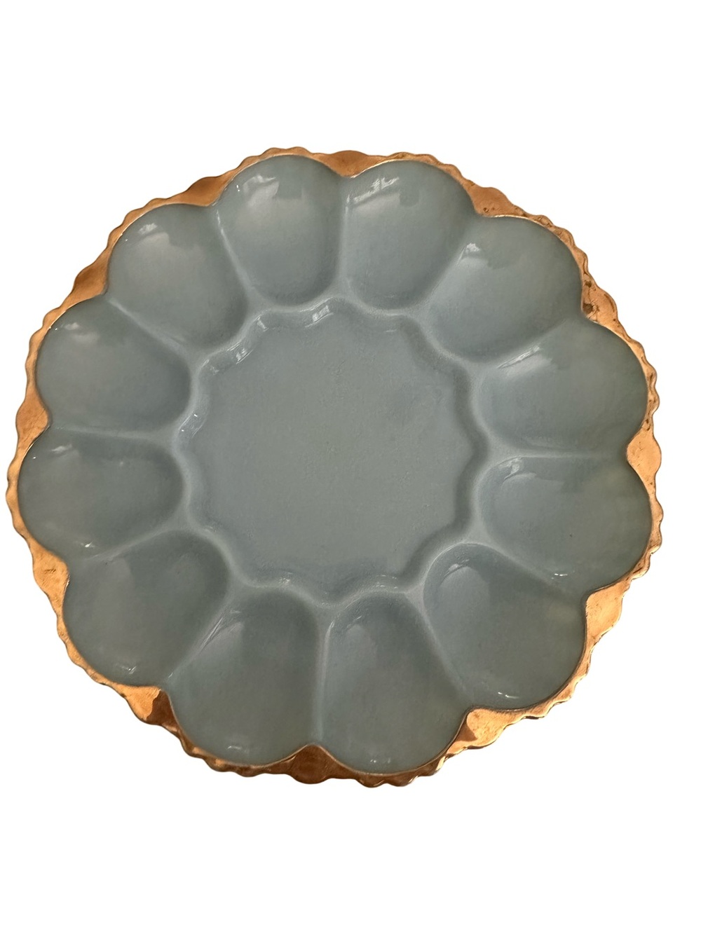 Vintage Fire King Blue Milk Glass Deviled Egg Plate, EGG Dish, Gold Trim, 1950s